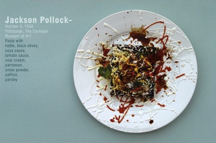Marko Stojanovic (Serbia): Jackson Pollock / from the series: Food Art Eat Art Number 4, 1950 Pittsburg, The Carnegie Museum of Art / Pasta with nettle, black olives, soya sauce, sour cream, parmesan, onion powder, saffron, parsley (Size: 100 x 70 cm, edition of 20)